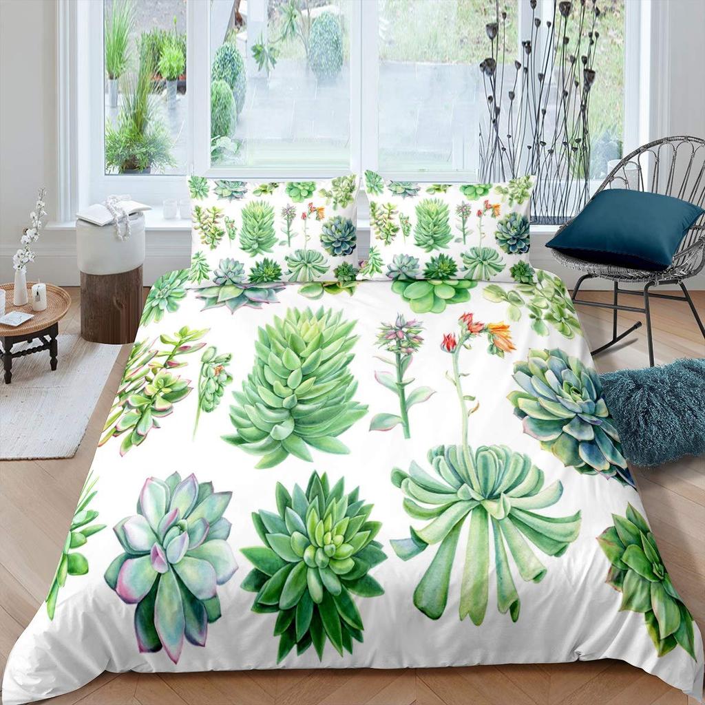 Пододеяльник с суккулентами, комплект постельного белья с зелеными растениями, тропическим ботаническим рисунком, акварелью, стильным принтом природы, двухспальное покрывало