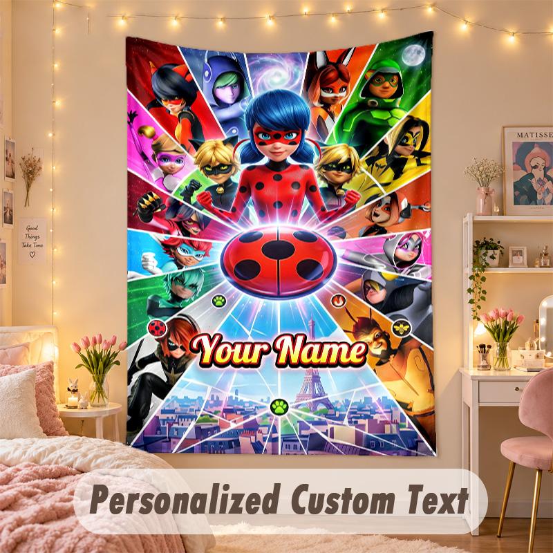 Custom Personalized Tapestry,Miraculous Ladybug Print Custom Name Text Wall Art Hanging for Bedroom