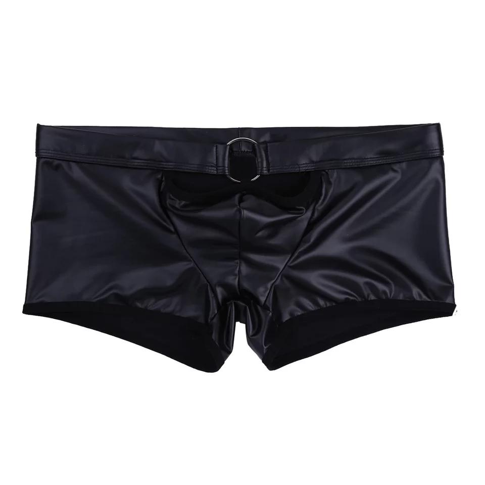 Mens Sexy Soft Leather Short Pants For Sex Latex Sheath Underwear Sexy Bottom Male Patent Leather Fetish Boxer Hot Pants Sexi