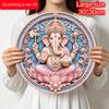 2D Flat, 1pc Round Aluminum Hanging Sign, Pink Blue Lord Ganesha Modak Pink Lotus Pearl Floral Border Print, Easy Hang Indoor Outdoor Metal Plaque