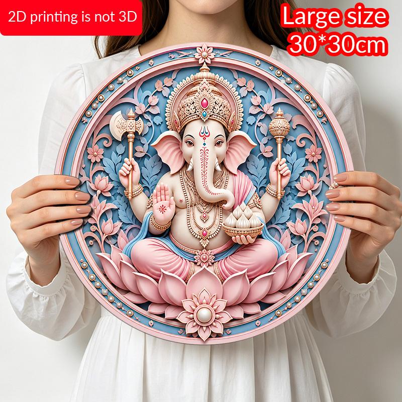 2D Flat, 1pc Round Aluminum Hanging Sign, Pink Blue Lord Ganesha Modak Pink Lotus Pearl Floral Border Print, Easy Hang Indoor Outdoor Metal Plaque