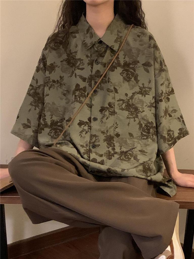 Vintage Japanese Retro Hong Kong Style Floral Short-Sleeve Shirt - Unisex Loose Casual Design