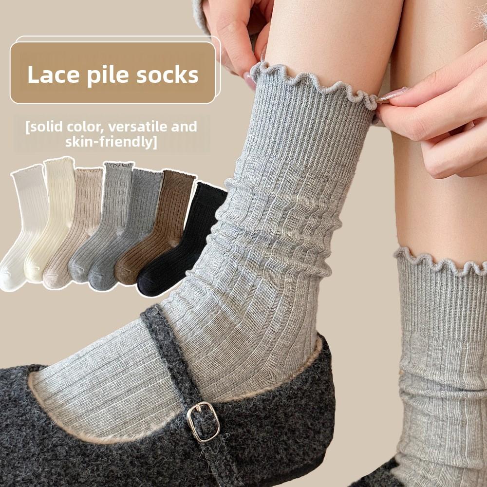 Кружевные носки для женщин на осень и зиму, теплые хлопковые носки до середины икры, махровые носки до колена, однотонные, универсальные