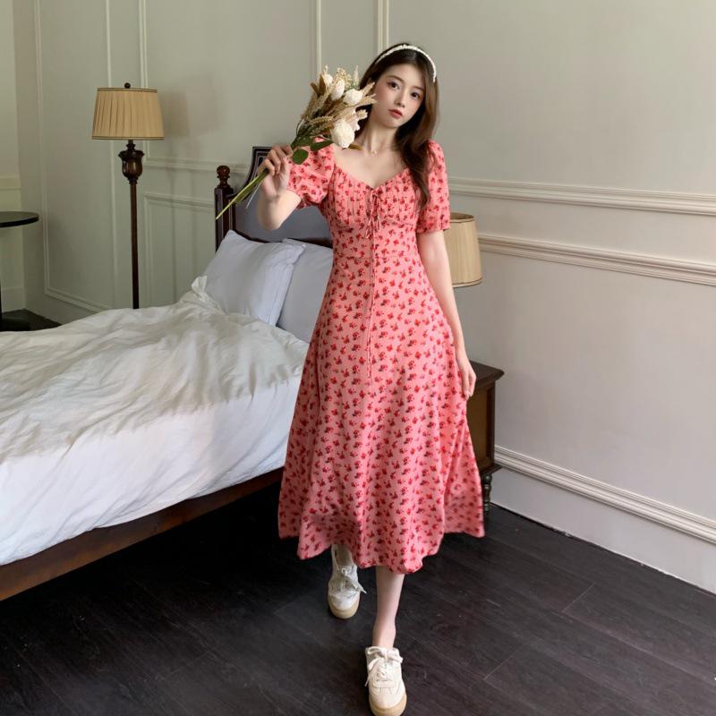 Plus-Size French Floral Chiffon Dress: Summer Puff Sleeve Waist Fairy Skirt