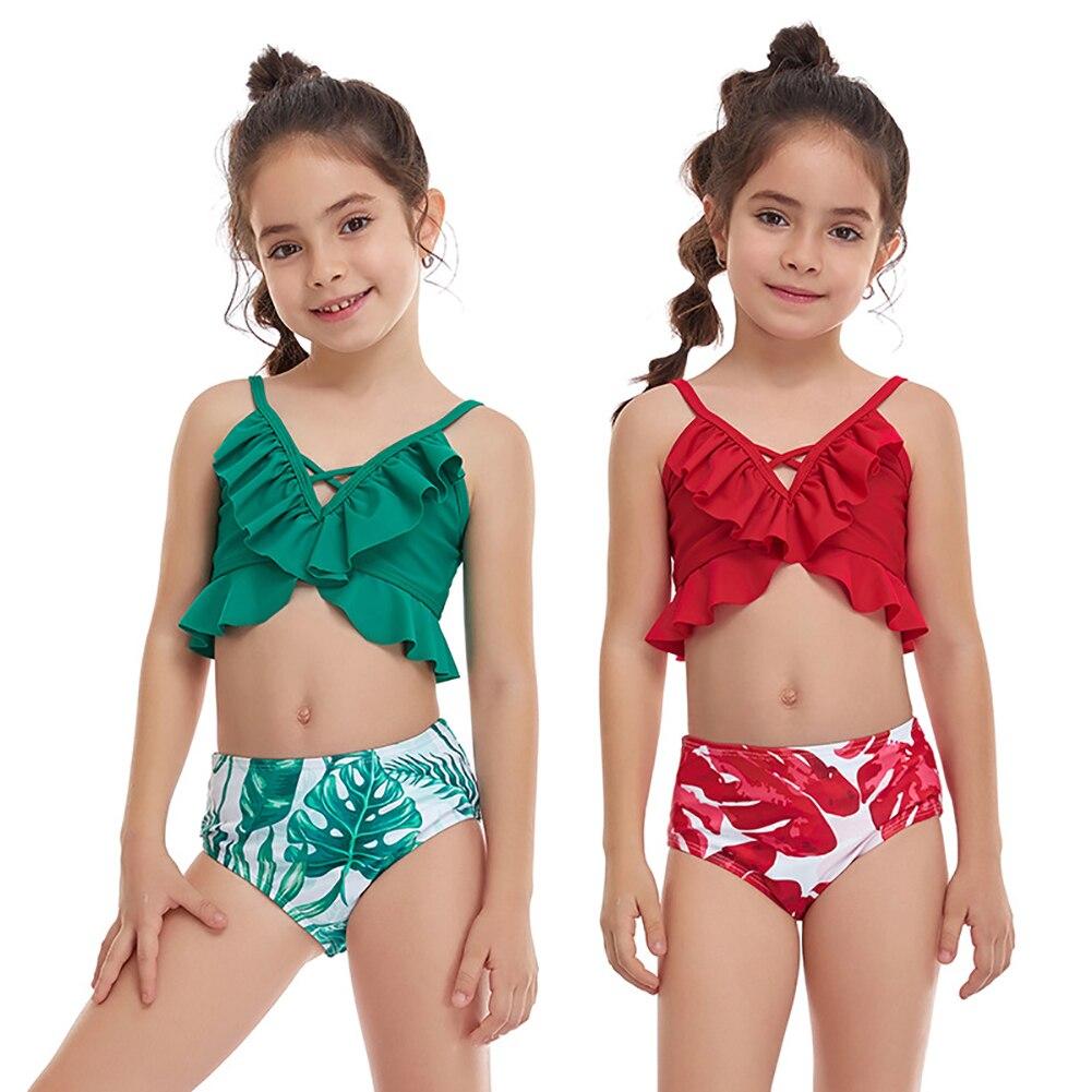 Toddler Girls Swimsuits Two-Pieces Bathing Suits Ruffled Crop Top And Floral Bottoms Quick Dry Swimwear Kids Sunsuit Tankini Suit 2-12T
