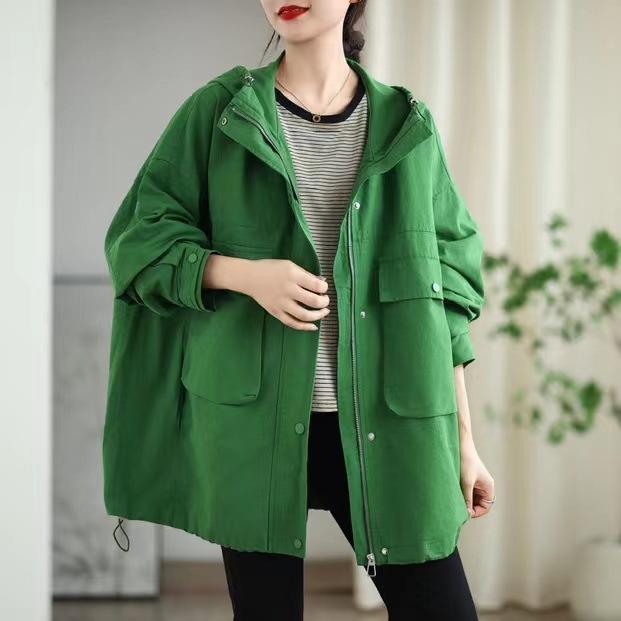 Johnature Woman Autumn Solid Color Hooded Drawstring Long Sleeves Coat Loose Casual Splicing Zipper Coat