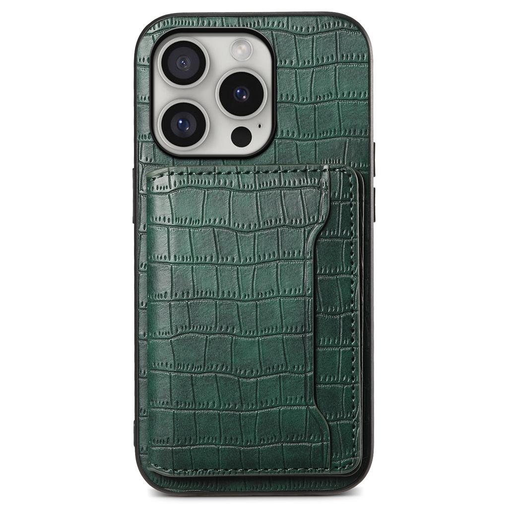 Чехол для iPhone 16 Pro с держателем для карт и подставкой, кожаная задняя крышка телефона с текстурой крокодила