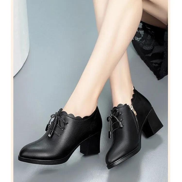 Women Faux Leather Single Shoes Mother Soft Sole Thick Heel Non Slip Black Casual High-heeled PU Shoes Plus Size