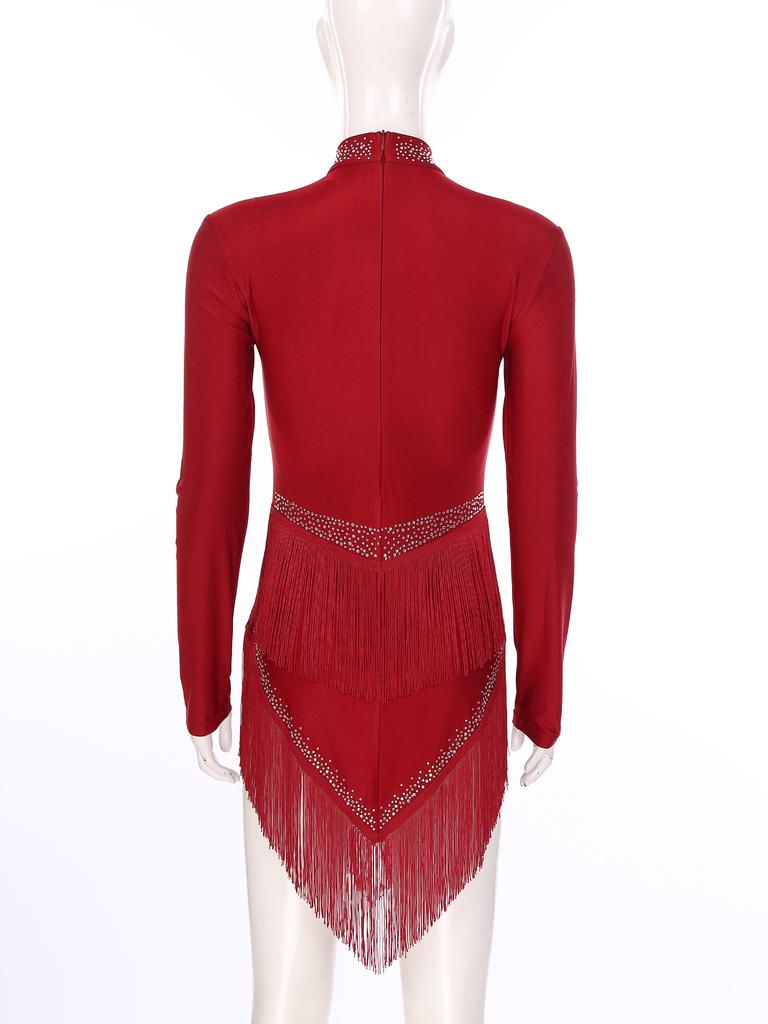 Women's Latin Dance Dress S-XXL - Shiny Rhinestones Mock Neck Long Sleeve with Tassels & Irregular Hem Stage Costume