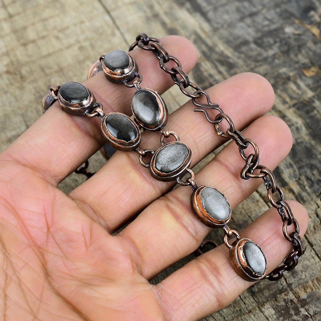 Ожерелье из серебристого обсидиана с гальваническим медным покрытием, регулируемая цепочка, ожерелье с драгоценным камнем, медные украшения для подарков, ожерелье ручной работы