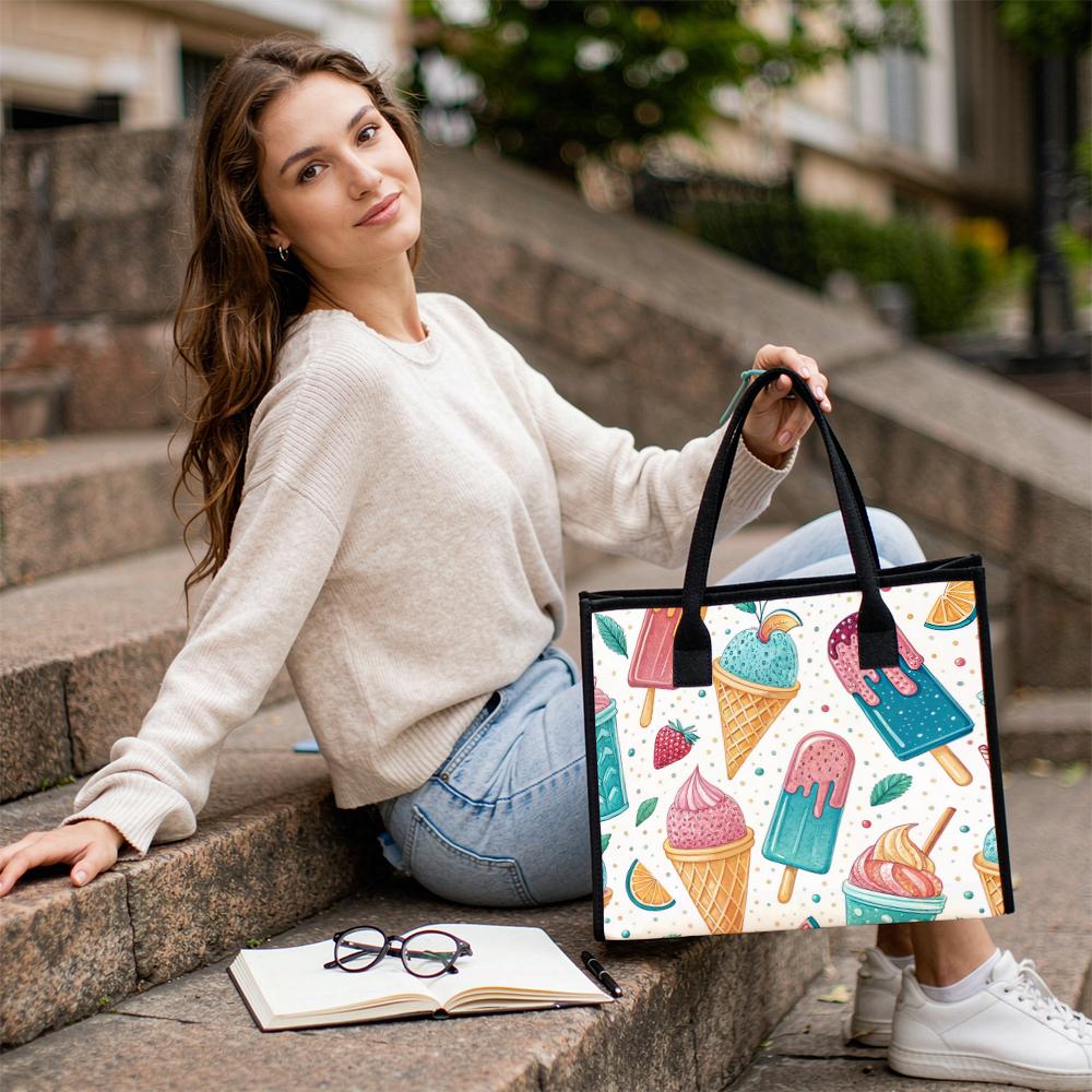 Cute Ice Cream Printed Tote Bag Portable Daily Handbag for Shopping Casual Outdoor Use