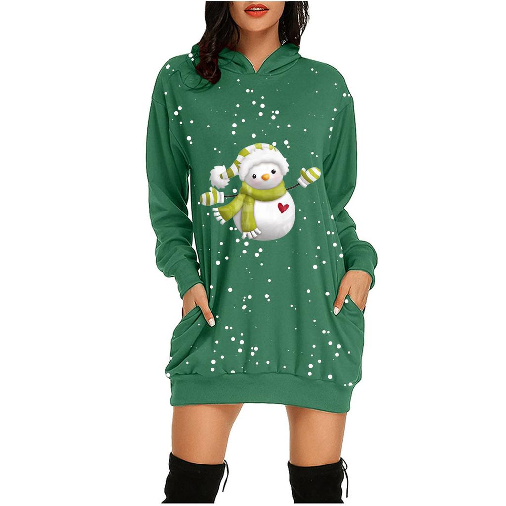 Women's Fashion Christmas Snowman Hoodie Bag Hip Pocket Print Hoodie Dress