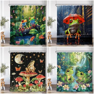 Смешная шторка для душа с лягушкой, животное, лист лотоса, пруд, гриб, тропический лес, винтажный, летний декор для ванной комнаты, детская шторка для ванны с крючками