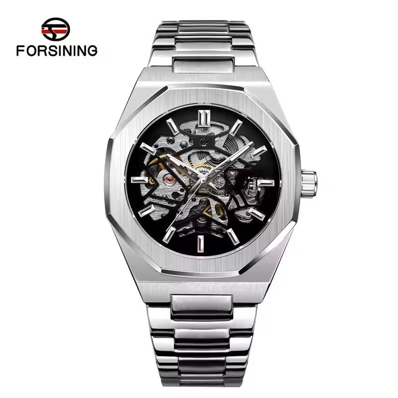 FORSINING 344D Fashion Skeleton Men's Mechanical Watch Automatic Movement Pointer Night Light Steel Watch Advanced Men's Clock