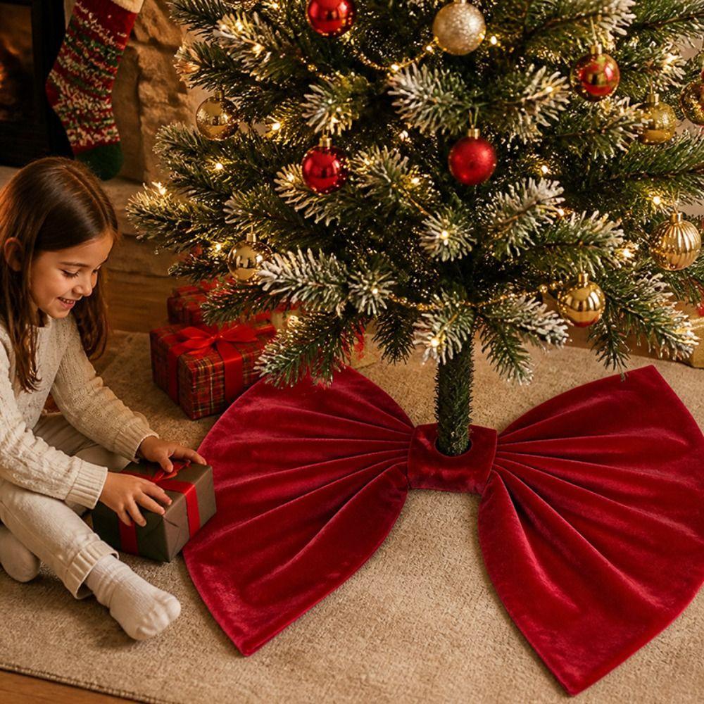 Red Bow Design Tree Base Cover Velvet Xmas Tree Skirt Large Ornament Tree Base Mat Shopping Mall