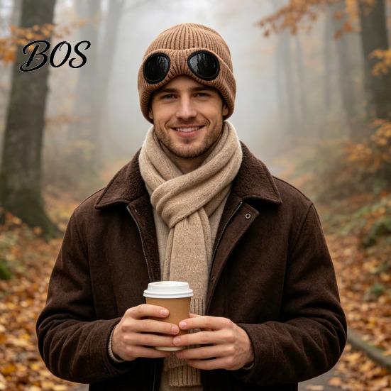 Snow Proof Outdoor Cycling Hat 2Pcs Fleece Lined Hats with Goggles, Warm Winter Knit Stretchy Brimless Eye Protection Hats, Windproof Skiing Caps for