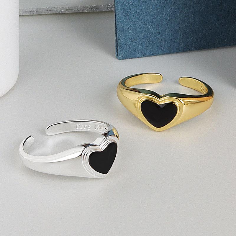 S925 Silver Black Heart Open Ring For Women Fashion Minimalist Cool Personality Index Finger Jewelry