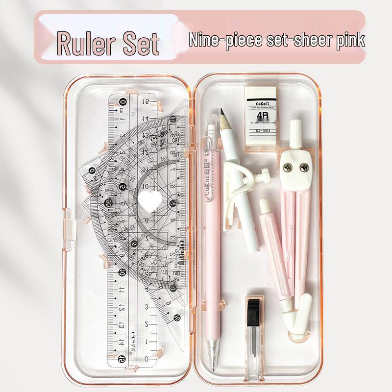 Набор геометрии из 9 предметов для школы: Компас, Транспортир, Линейка, Угольник и другое