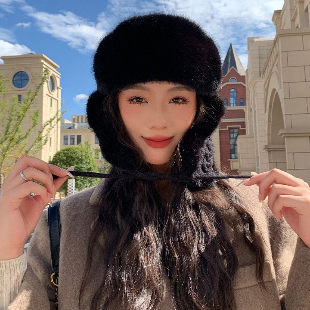Knitted Extended Ear Protection Hat Thickened Plush Hood Cap Versatile Lei Feng Hat For Women