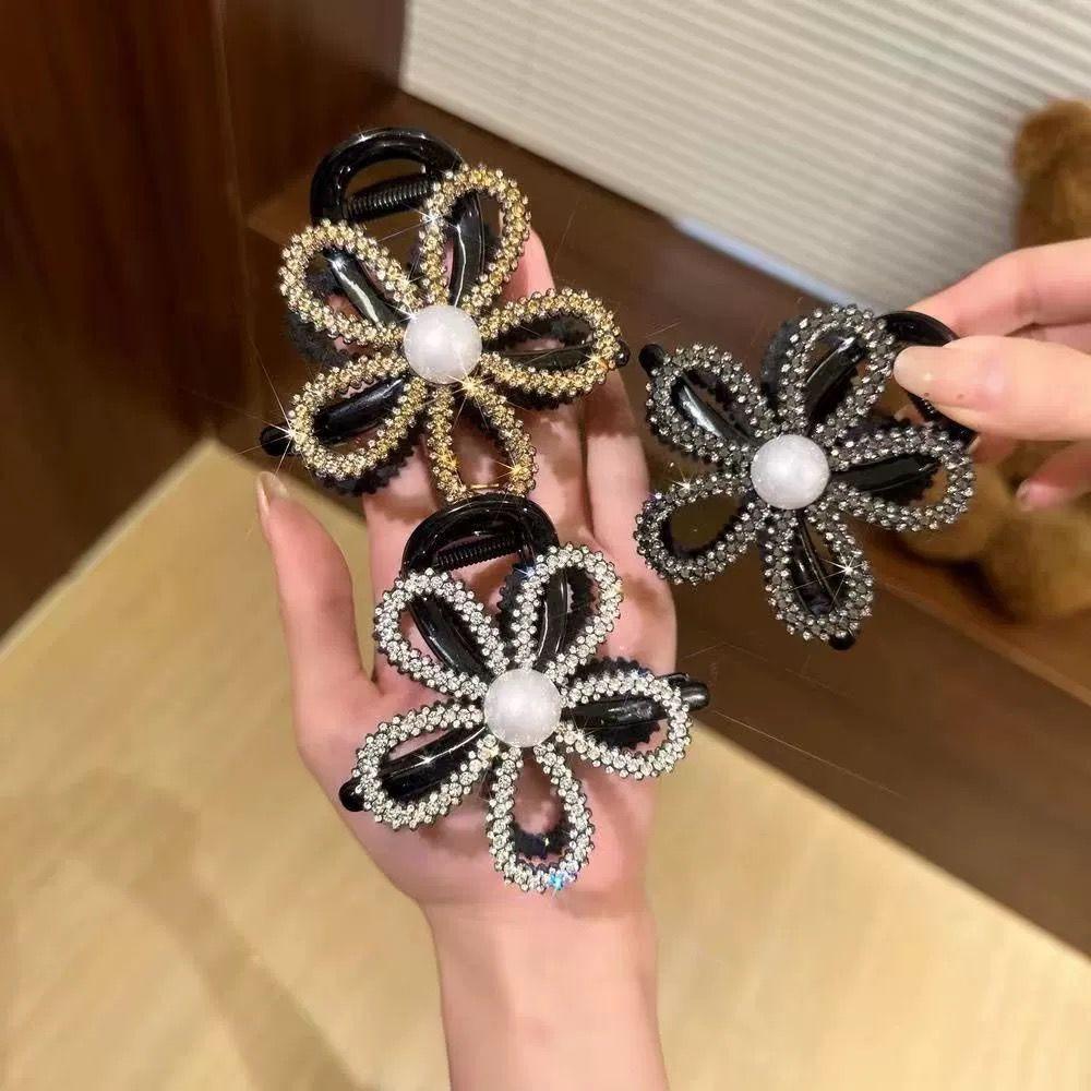 Zircon Flower Pearls Shark Clip Korean Style Shiny Hair Claw Rhinestone Shark Clip Daily