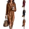 Women's Fashion Casual Solid Color Corduroy Long-sleeved Dress With Lapel Shirt , Loose Long Skirt