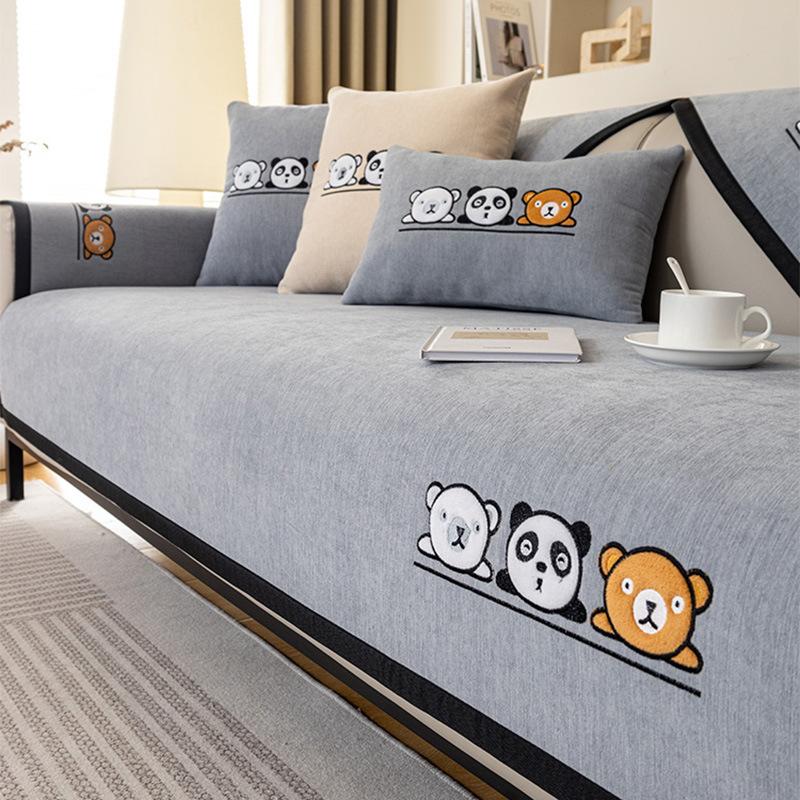 Cartoon Embroidery Sofa Cover Soft Chenille Solid Color Couch Cover Living Room Modern Simple Universal Non-slip Sofa Cushion