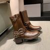 New Spring and Autumn Women's Leather Retro Brown Women's Boots Fashionable Belt Buckle Temperament Round Head High Barrel Boots