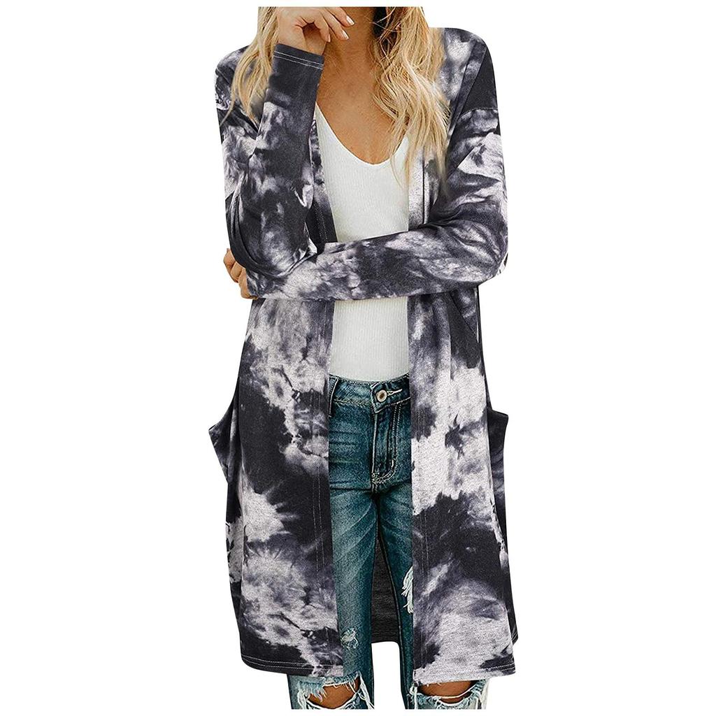 Women's Fashion Casual Printed Pocket Cardigan Medium And Long Coat