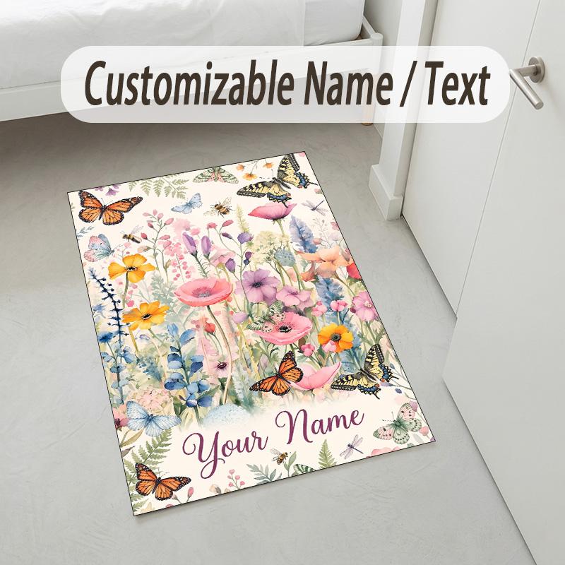 Butterflies Flowers Garden Theme Soft Crystal Velvet Rug Custom Name & Text Print Non Slip Floor Rug for Bedroom Living Room