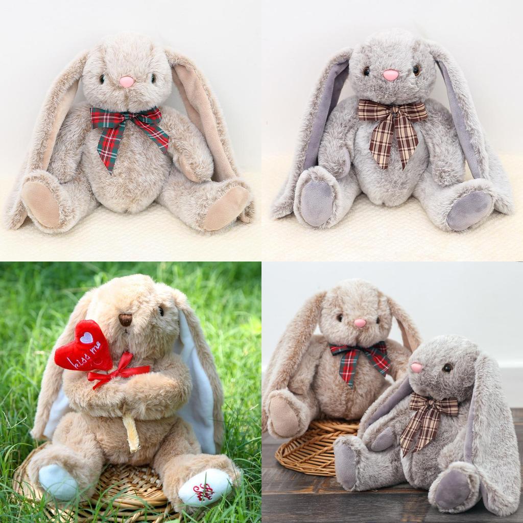 Adorable Sitting Rabbit Plush Toy With Checkered Bow Decor For Kids Bedroom Decor