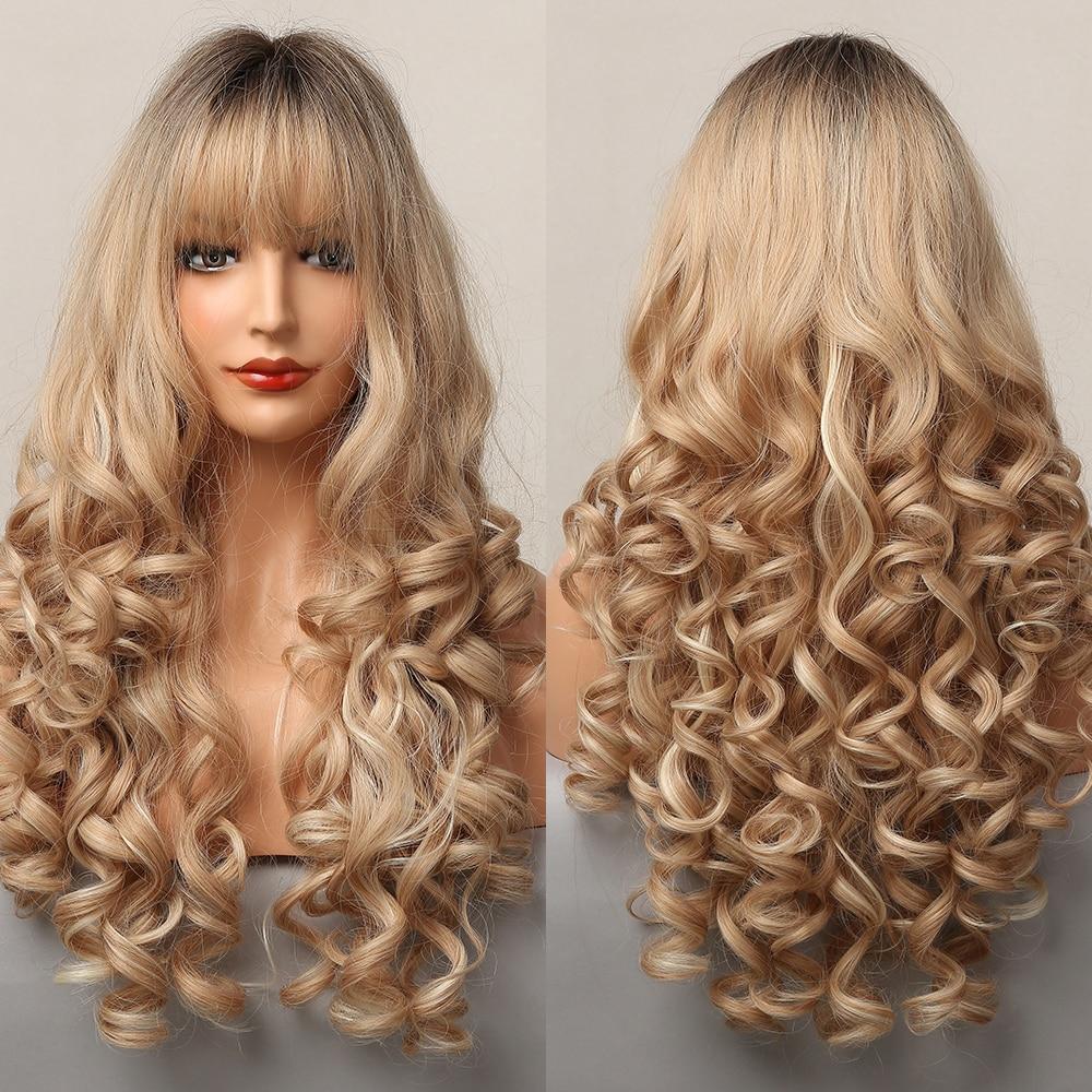 ALAN EATON Ombre Черный Коричневый Блондинка Длинные Волнистые Парики Волос с Челкой Косплей Ежедневные Синтетические Парики для Женщин Термостойкое Волокно