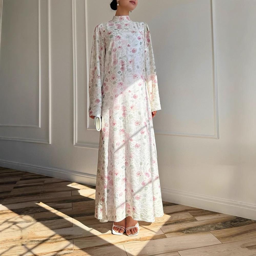 Европейская и американская женская одежда новая мода темперамент сладкие французские рукава-колокол тонкое платье с принтом длинное платье