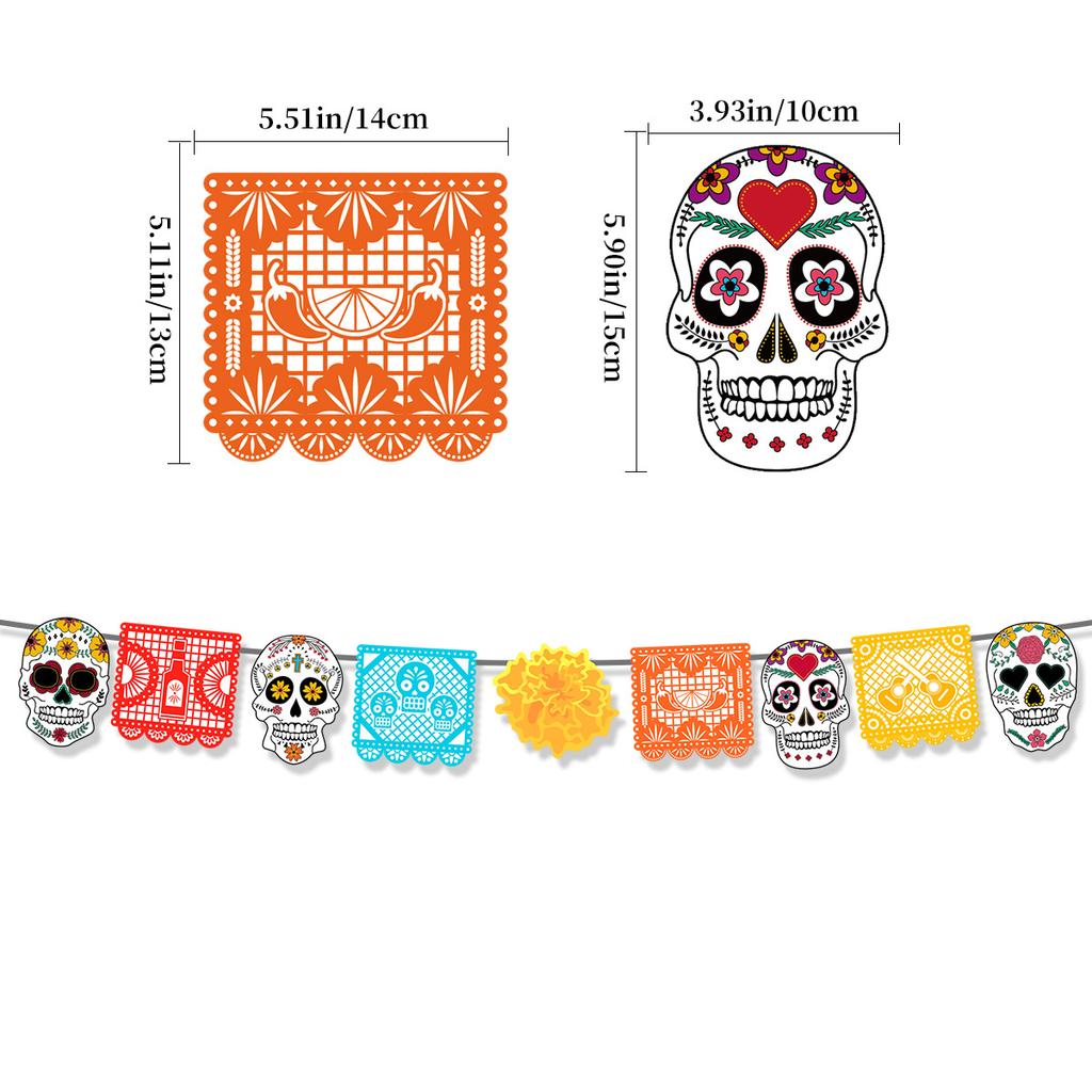 Mexican Day Of The Dead Themed Party Decoration Skull Bride Groom Draw Flag Hollow Colorful Banner Bunting