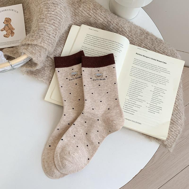 Korean Striped Cloth Label Cute Bear Mid-Tube Socks Contrasting Boneless Cotton Socks