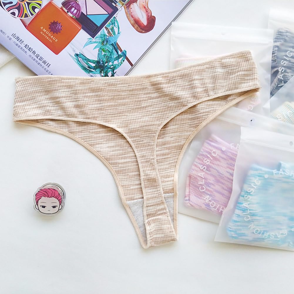 TUOTISI Sexy Ribbed Cotton Colorful Sporty Brazilian Panties with Striped Lucky Set Women's T-Back Panties, Panties, Pattern, Bag, 5-Piece (Size L)