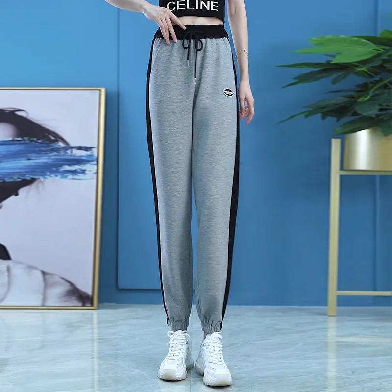 Женские спортивные штаны, весенне-летние свободные леггинсы со вставками, шаровары, дышащие повседневные вафельные спортивные штаны