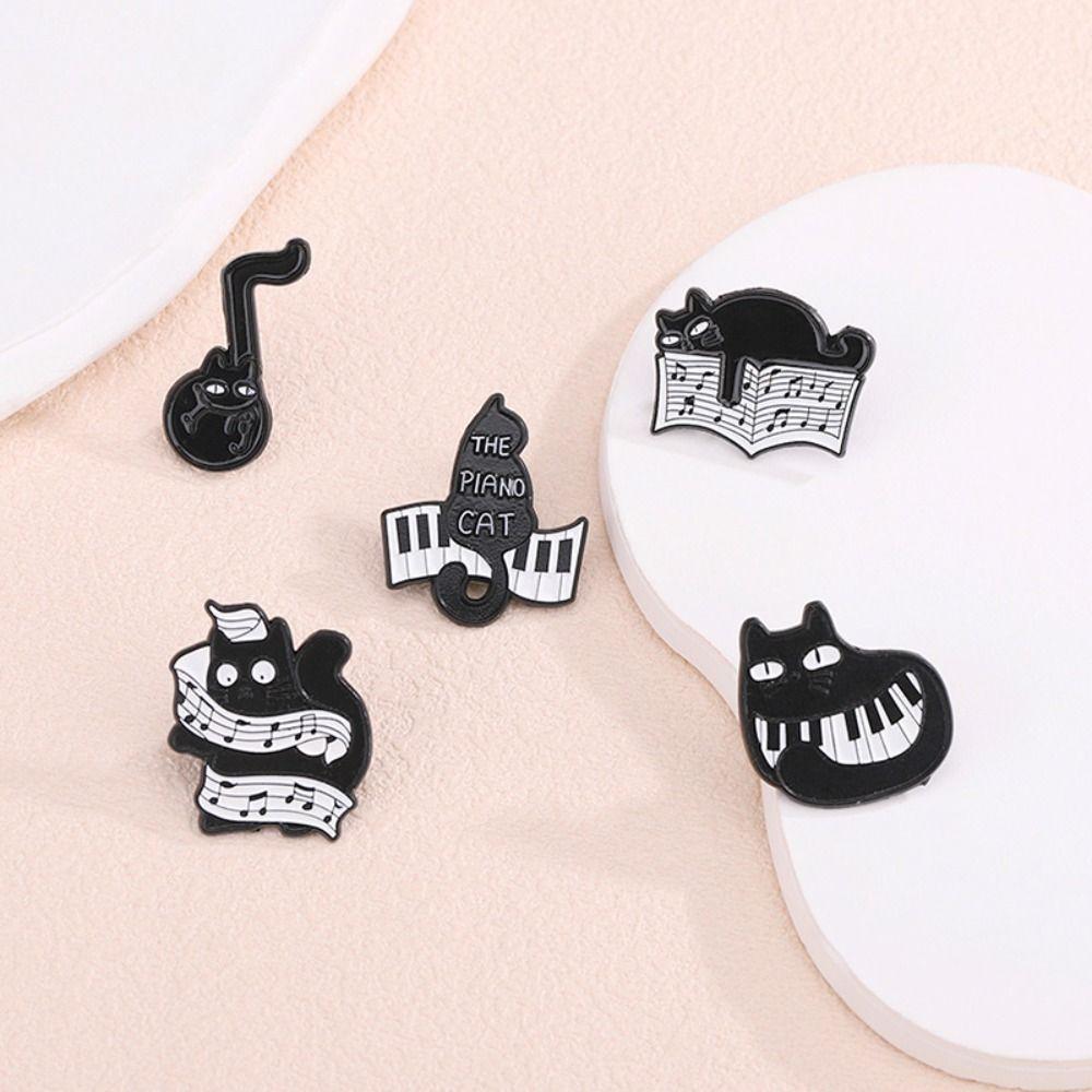 Breastpin Black Cat Enamel Pin Purring Kitten Beating Note Brooch Cool Piano Cat Badge  Gift
