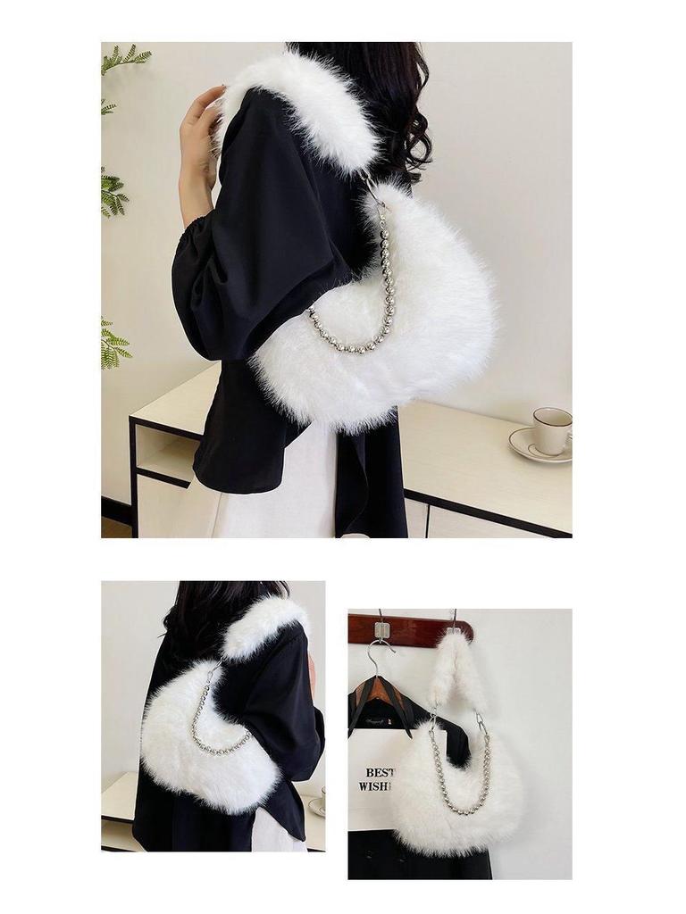 Autumn/Winter Faux Fox Fur Plush Shoulder Bag with Pearl Chain