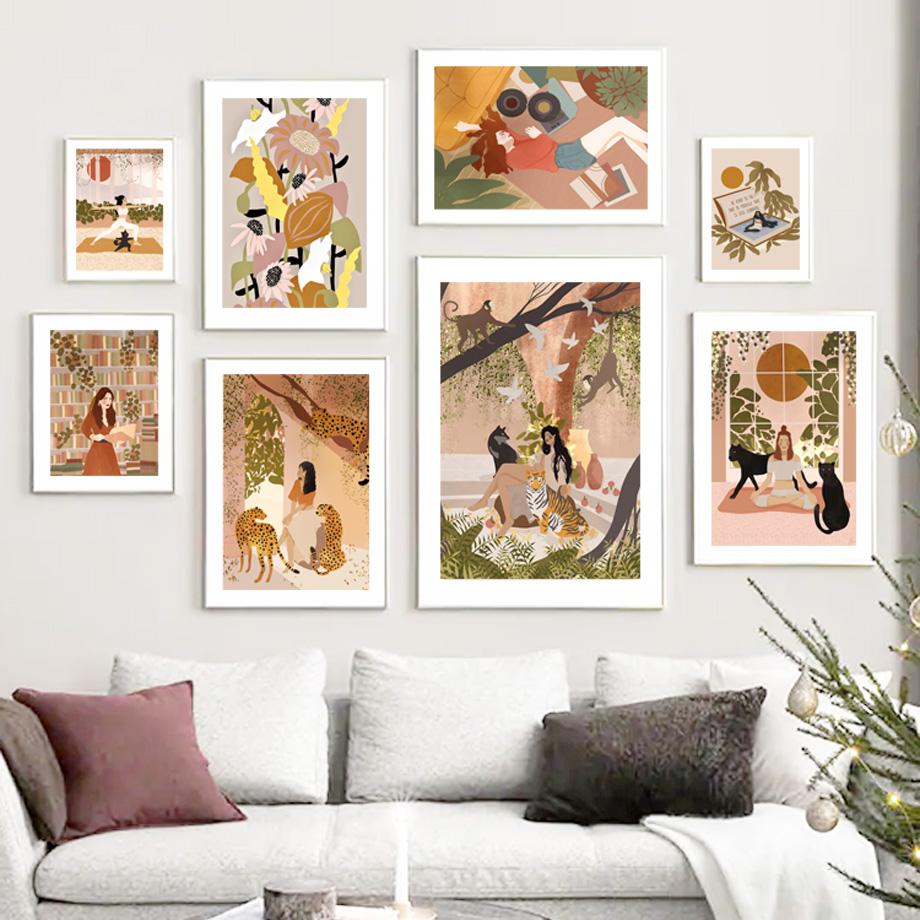 Tropical Girl Book Flower Cheetah Boho Nordic Posters And Prints Wall Art Canvas Painting Wall Pictures For Living Room Decor No Frame