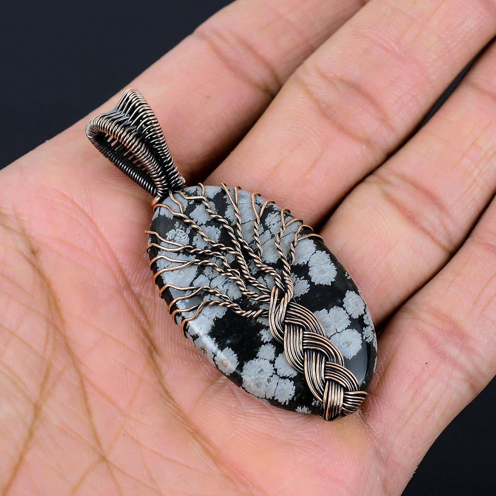 Gorgeous Tree Of Life Snowflake Obsidian Gemstone Handmade Pure Copper Wire Wrap Jewelry Pendant