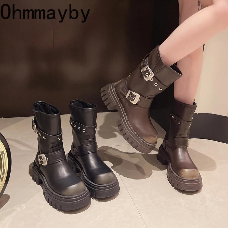 Fashion Platform Heel Women Western Cowgirl Boots Fashion Slip On Belt Buckle Short Boots Autumn Winter Thick Bottom Women's Shoes