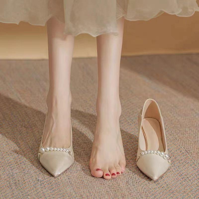 Shoes for Women 2024 Red High Heels Ladies Summer Footwear Sexy Pumps Bride Pearl Wedding Shoe On Heeled Beau Today Lastest A E