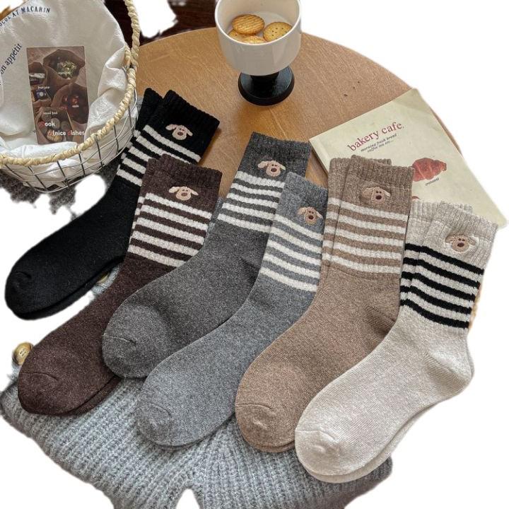 Женские шерстяные полосатые гольфы средней длины - Милая вышивка мультяшного щенка, Теплый вельвет, Толстые для осени/зимы.