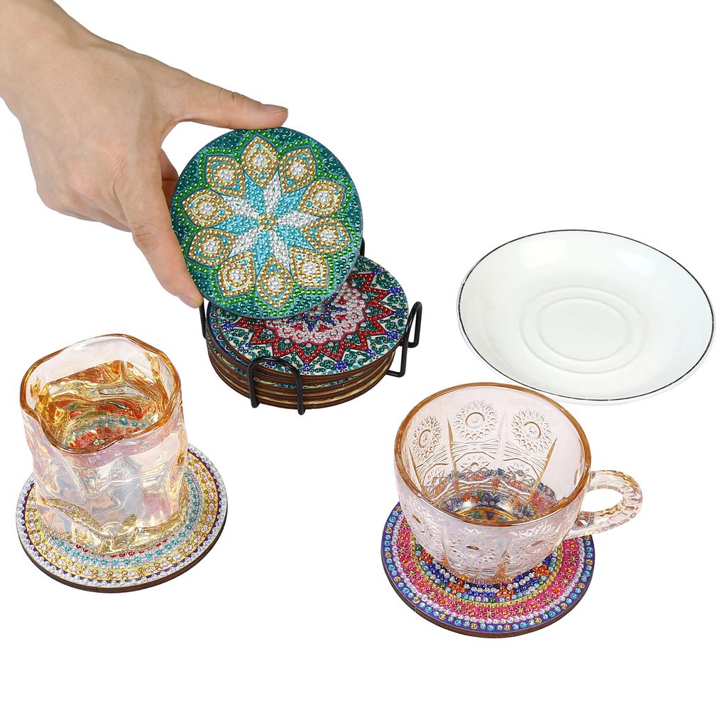DIY Diamond Paint Christmas Coasters Pack of 8 Ceramic Drink Glass Cup Cushion Non-slip Table DIY Placemat Insulation Pad with Holder