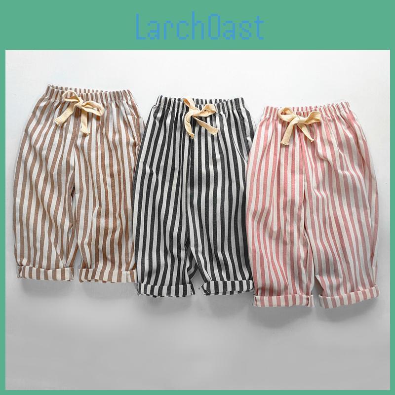 Spring Summer Loose Boys Striped Pants Baby Girl Vintage Casual Linen Cotton Harlan Pants Kids Laceup Pant Children Clothing