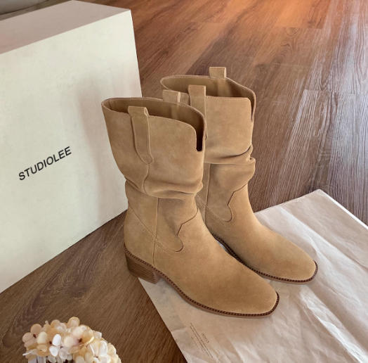 Кожа коровы виноградная мама с той же высотой каблука 8 см корейские тупоносые с V-образным вырезом на толстом каблуке короткие ботинки на тонком ворсе женские западные ковбойские ботинки