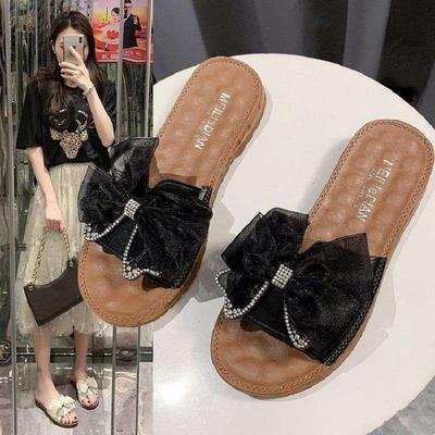 2025 новые корейские универсальные тапочки на мягкой подошве женские летние с бантом на плоской подошве модные для беременных женщин прохладные тапочки