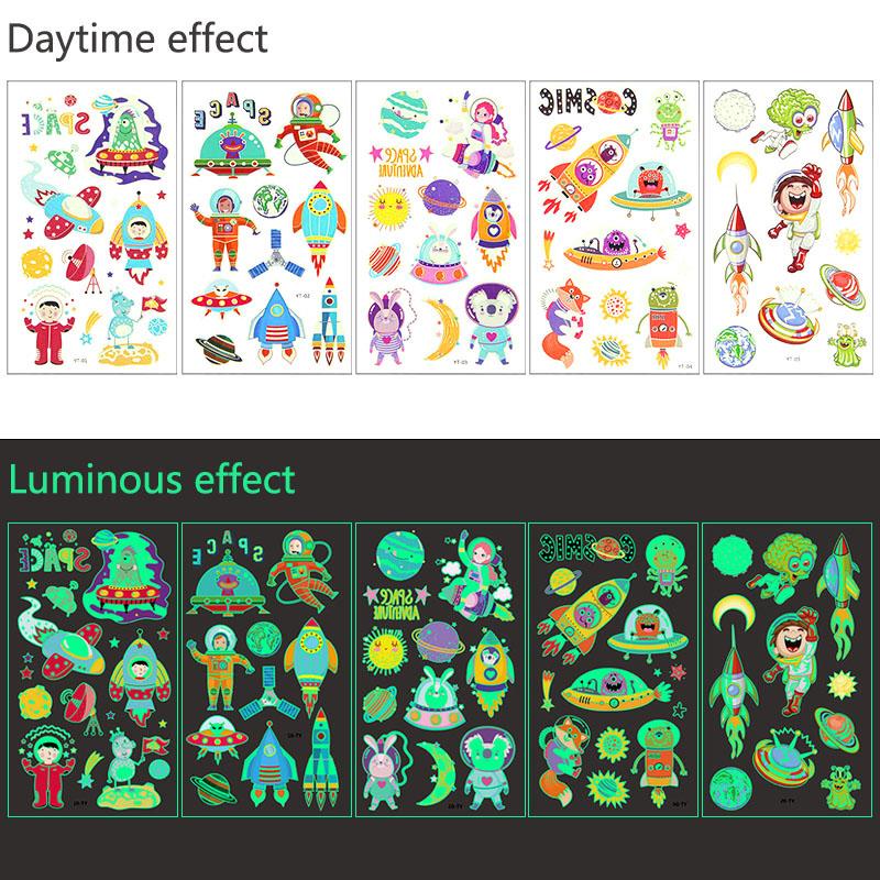 5pcs Luminous Tattoo Stickers Child Kid Temporary Fake Tattoos Glow Paste on Face Arm Leg for Children Body Art Mermaid Dinosaur