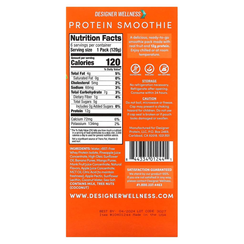 Designer Wellness, Protein Smoothie, Tropical Fruit, 12 Packs, 4.2 oz (120 g) Each