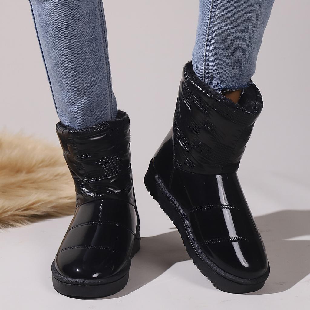 Зимние туфли с круглым носком, черные, на плоской подошве, средней высоты, водонепроницаемые, литье под давлением, с низким голенищем, из искусственной шерсти, повседневные хлопковые туфли